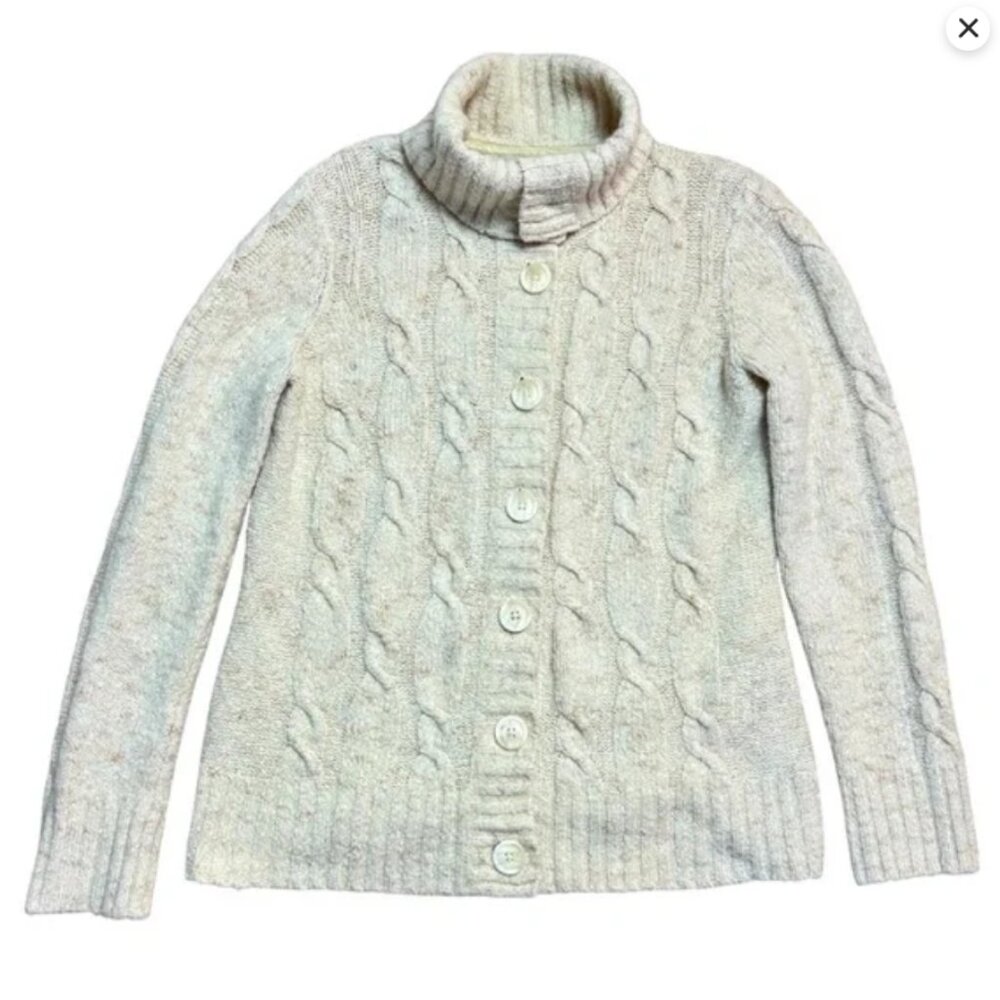 L.L. Bean Women’s Cream Cowl Neck Cable Knit Sweater Cardigan Size Large